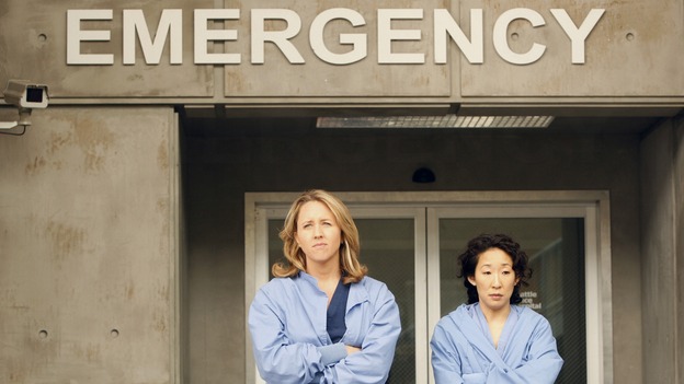 GREY'S ANATOMY - "The Becoming" - The nurses' objections to McSteamy's trysts lead to the instating of a new "date and tell" policy. Meanwhile news of Burke's latest career achievements force Cristina to face her feelings for her ex, Meredith and Derek admit a veteran soldier into their clinical trial, and Callie turns to Sloan in her time of need, on "Grey's Anatomy," THURSDAY, MAY 8 (9:00-10:02 p.m., ET) on the ABC Television Network.  (ABC/VIVIAN ZINK)BROOKE SMITH, SANDRA OH