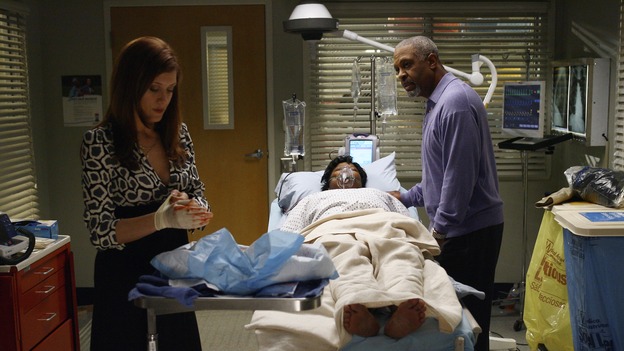 GREY'S ANATOMY - "Didn't We Almost Have It All" - Cristina and Burke's wedding day arrives - along with the interns' first exam results - and a successor to the Chief is named, as Callie and George make a big decision about their relationship, on the Season Finale of "Grey's Anatomy," THURSDAY, MAY 17 (9:00-10:07 p.m., ET) on the ABC Television Network. (ABC/SCOTT GARFIELD)KATE WALSH, LORETTA DEVINE, JAMES PICKENS, JR.