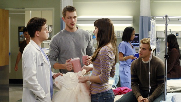 GREY'S ANATOMY - "Kung Fu Fighting" - With his marriage in turmoil, the Chief turns to his fellow male surgeons for a "gentleman's evening," Cristina and Izzie heatedly compete for the same surgeries and the favor of the doctor performing them, Meredith treats the survivor of a skydiving accident, and the doctors treat two injured finalists who are competing in a promotional competition, on "Grey's Anatomy," THURSDAY, NOVEMBER 1 (9:00-10:07 p.m., ET) on the ABC Television Network. (ABC/RON TOM)T.R. KNIGHT, STEVE SANDVOSS, CHRYSSIE WHITEHEAD, TOMMY DEWEY