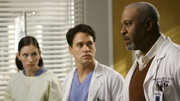 GREY'S ANATOMY - "Haunt You Every Day" - It's Halloween, and the day is full of surprises for the doctors of Seattle Grace - Alex receives an unexpected and welcome visit from his former patient, Ava/Rebecca, Meredith is convinced that her mother's ashes are haunting her, Cristina is snubbed by a surgeon she admires, and Callie announces George and Izzie's affair to their fellow doctors, on "Grey's Anatomy," THURSDAY, OCTOBER 25 (9:00-10:02 p.m., ET) on the ABC Television Network. (ABC/SCOTT GARFIELD)CHYLER LEIGH, T.R. KNIGHT, JAMES PICKENS, JR.