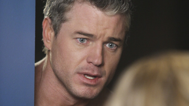 GREY'S ANATOMY - "Hook, Line and Sinner" - Sloan returns to Mark's apartment, just as she's going into labor, and Teddy, Mark and the still-fighting Callie and Arizona are there to help with the birth and to get Mark through his grandson's pending adoption. Meanwhile Teddy sees Derek's invitation to illustrious cardiothoracic surgeon Tom Evans' as a threat to her future employment at the hospital, and the team work on a crab boat captain who has been stabbed with a giant shark hook, on "Grey's Anatomy," THURSDAY, APRIL 29 (9:00-10:01 p.m., ET) on the ABC Television Network. (ABC/DANNY FELD) ERIC DANE