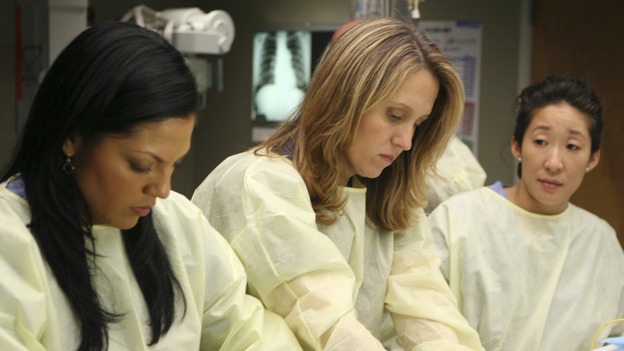 GREY'S ANATOMY - "Freedom" - On the two-hour season finale of "Grey's Anatomy," Meredith and Derek have one last shot at a successful outcome in their clinical trial, as the other surgeons work together to free a boy from a hardening block of cement. Meanwhile, Izzie helps Alex care for an ailing Rebecca, and Lexie discovers critical information about George's intern status, on "Grey's Anatomy," THURSDAY, MAY 22 (9:00-11:00 p.m., ET) on the ABC Television Network. (ABC/MICHAEL DESMOND)SARA RAMIREZ, BROOKE SMITH, SANDRA OH
