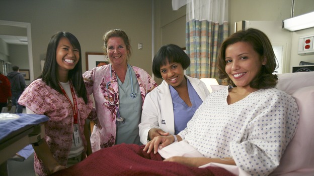 GREY'S ANATOMY - "Oh, The Guilt" - Bailey treats a young mother battling breast cancer, Derek learns more about Mark and Addison's relationship, the interns defend a resident's competence at a hospital staff meeting, and Meredith and Addison examine a couple who find themselves in a rather awkward position, on "Grey's Anatomy," THURSDAY, OCTOBER 19 (9:00-10:01 p.m., ET) on the ABC Television Network. (ABC/KAREN NEAL)CHANDRA WILSON, JUSTINA MACHADO