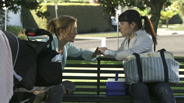 DESPERATE HOUSEWIVES - "Suspicious Minds" -- Looking to give her life a purpose, Gabrielle decides to organize a glamorous Halston fashion show for charity highlighting the ladies of Wisteria Lane. But Susan is less than charitable toward her friend when she discovers Gabrielle's shocking secret. Meanwhile, Lynette uses her business acumen to poach a nanny, and Bree decides to take Andrew's out-of-control behavior into her own hands, on "Desperate Housewives," SUNDAY, XXXXXXXX (9:00-10:00 p.m., ET) on the ABC Television Network. (ABC/SCOTT GARFIELD)FELICITY HUFFMAN, MARLA SOKOLOFF