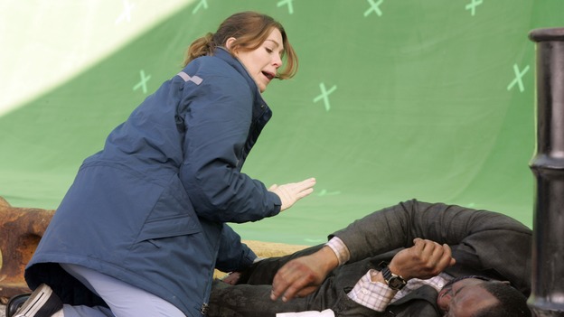 GREY'S ANATOMY - "Walk on Water" - Ellen Pompeo puts producer/technical advisor Linda Klein's coaching to practice while shooting "Grey's Anatomy" on location at the Santa Anita Park in Arcadia, California. (ABC/VIVIAN ZINK)