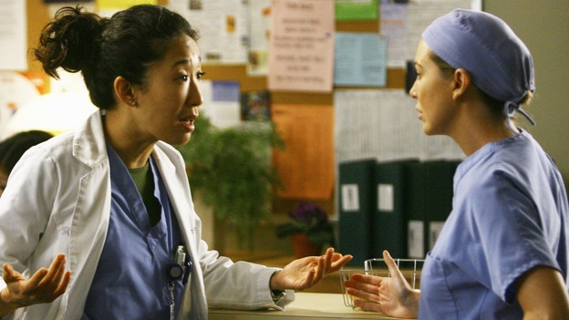 GREY'S ANATOMY - "Rise Up" - Cristina and Meredith discuss a patient, on "Grey's Anatomy," THURSDAY, NOVEMBER 6 (9:00-10:01 p.m., ET) on the ABC Television Network. (ABC/SCOTT GARFIELD) SANDRA OH, ELLEN POMPEO
