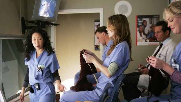 GREY'S ANATOMY - "Name of the Game" - George begins to overstay his welcome at Burke's apartment; Meredith learns a secret about her father; Bailey worries her colleagues will not treat her the same now that she's a mother; and Alex gets a lesson in bedside manners, on "Grey's Anatomy," SUNDAY, APRIL 2 (10:00-11:00 p.m., ET) on the ABC Television Network. (ABC/PETER "HOPPER" STONE)SANDRA OH, ELLEN POMPEO, KATHERINE HEIGL