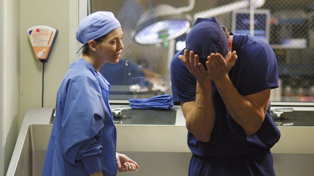 GREY'S ANATOMY - "Desire" - As the interns of Seattle Grace cram for their upcoming exam, the attendings vie for the Chief's position by tending to the chairman of the hospital board after he's admitted as a patient. Meanwhile, Burke struggles to involve Cristina in the wedding planning, things heat up between Addison and Alex, and Derek questions his relationship with Meredith, on "Grey's Anatomy," THURSDAY, APRIL 26 (9:00-10:01 p.m., ET) on the ABC Television Network. (ABC/GALE ADLER)ELLEN POMPEO, ERIC DANE