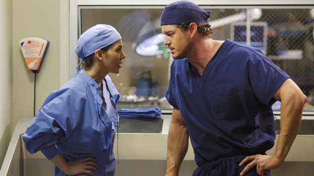 GREY'S ANATOMY - "Desire" - As the interns of Seattle Grace cram for their upcoming exam, the attendings vie for the Chief's position by tending to the chairman of the hospital board after he's admitted as a patient. Meanwhile, Burke struggles to involve Cristina in the wedding planning, things heat up between Addison and Alex, and Derek questions his relationship with Meredith, on "Grey's Anatomy," THURSDAY, APRIL 26 (9:00-10:01 p.m., ET) on the ABC Television Network. (ABC/GALE ADLER)ELLEN POMPEO, ERIC DANE