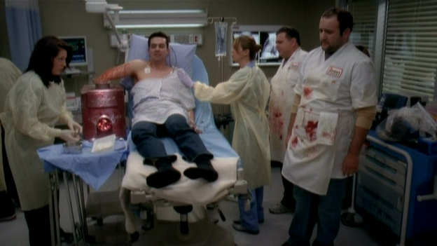 Going in 5th GearIs that the sweet smell of kielbasa in the hospital? Why yes it is because a guy came in with his hand stuck in a meat grinder. At first the doctors were going to simply amputate the arm, but Meredith suggested saving the patient's arm by replacing the mangled thumb with one of his toes. Callie was very impressed and gave Meredith her secret study method as a reward. 