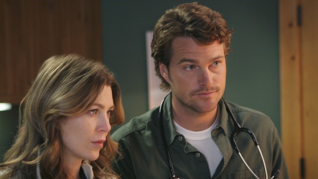 GREY'S ANATOMY - In the first hour of part two of the season finale of ABC's "Grey's Anatomy" -- "Deterioration of the Fight or Flight Response" -- Izzie and George attend to Denny as the pressure increases to find him a new heart, Cristina suddenly finds herself in charge of an ER, and Derek grapples with the realization that the life of a friend is in his hands. In the second hour, "Losing My Religion," Richard goes into interrogation mode about a patient's condition, Callie confronts George about his feelings for her, and Meredith and Derek meet about Doc. Part two of the season finale of "Grey's Anatomy" airs MONDAY, MAY 15 (9:00-11:00 p.m., ET) on the ABC Television Network. (ABC/MICHAEL DESMOND)ELLEN POMPEO, CHRIS O'DONNELL