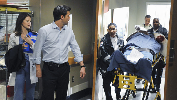 GREY'S ANATOMY - "Valentine's Day Massacre" -- It's Valentine's Day, and the doctors must treat dozens of injured people after the roof collapses at a popular romantic restaurant; Derek tries to manage his busy schedule as Chief of Surgery; Meredith wrestles with her new duties as the Chief's wife; and Mark and Callie team up to convince Sloan to do the right thing for her baby, on "Grey's Anatomy," THURSDAY, FEBRUARY 11 (9:00-10:01 p.m., ET) on the ABC Television Network. (ABC/ERIC MCCANDLESS)SARAH DREW, PATRICK DEMPSEY, NICOLE CUMMINS, JESSE WILLIAMS
