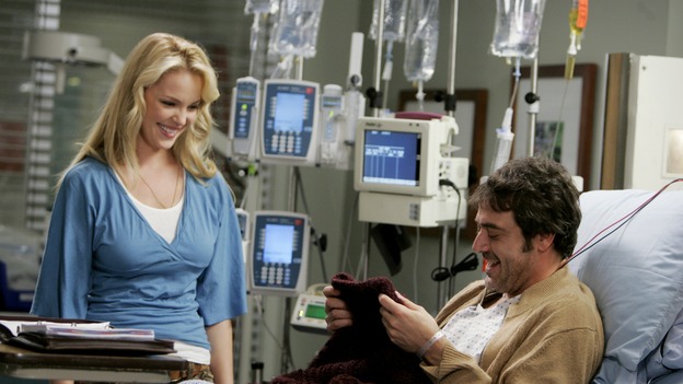 GREY'S ANATOMY - "Name of the Game" - George begins to overstay his welcome at Burke's apartment; Meredith learns a secret about her father; Bailey worries her colleagues will not treat her the same now that she's a mother; and Alex gets a lesson in bedside manners, on "Grey's Anatomy," SUNDAY, APRIL 2 (10:00-11:00 p.m., ET) on the ABC Television Network. (ABC/PETER "HOPPER" STONE)KATHERINE HEIGL, JEFFREY DEAN MORGAN