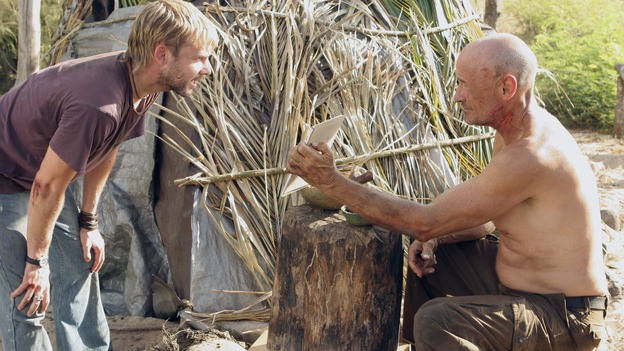 LOST -- "Further Instructions" - The fates of Locke, Eko and Desmond are revealed after the implosion of the hatch, while Hurley returns to the beach camp to tell the tale of what happened when he, Jack, Kate and Sawyer encountered "The Others," on "Lost," WEDNESDAY, OCTOBER 11 (9:00-10:00 p.m., ET), on the ABC Television Network. (ABC/MARIO PEREZ)DOMINIC MONAGHAN, TERRY O'QUINN