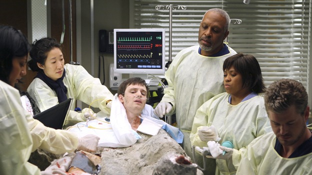 GREY'S ANATOMY - "Freedom" - On the two-hour season finale of "Grey's Anatomy," Meredith and Derek have one last shot at a successful outcome in their clinical trial, as the other surgeons work together to free a boy from a hardening block of cement. Meanwhile, Izzie helps Alex care for an ailing Rebecca, and Lexie discovers critical information about George's intern status, on "Grey's Anatomy," THURSDAY, MAY 22 (9:00-11:00 p.m., ET) on the ABC Television Network. (ABC/MICHAEL DESMOND)SARA RAMIREZ, SANDRA OH, JAMES IMMEKUS, JAMES PICKENS JR., CHANDRA WILSON, ERIC DANE