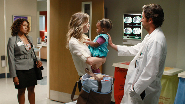 GREY'S ANATOMY - "She's Gone" - In the second hour, "She's Gone" (10:00-11:00 p.m.), news of Meredith and Derek's unsteady relationship raises a red flag for Zola's adoption counselor; Alex quickly realizes that he has become the outcast of the group after ratting out Meredith; and Cristina makes a tough decision regarding her unexpected pregnancy. Also, Chief Webber brings Henry in for a last minute surgery, alarming Teddy. "Grey's Anatomy" returns for its eighth season with a two-hour event THURSDAY, SEPTEMBER 22 (9:00-11:00 p.m., ET) on the ABC Television Network. (ABC/RON TOM)JANORA MCDUFFIE, ELLEN POMPEO, PATRICK DEMPSEY