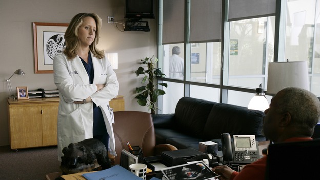GREY'S ANATOMY - "Losing My Mind" - Dr. Wyatt refuses to let Meredith give up on therapy, Alex learns the truth about Rebecca's medical condition, the Chief insists that Erica perform a risky surgery on his mentor, and after receiving news of Burke, Cristina continues to do things contrary to her nature, going so far as cleaning her always-messy apartment, on "Grey's Anatomy," THURSDAY, MAY 15 (9:00-10:02 p.m., ET) on the ABC Television Network. (ABC/MITCH HADDAD)BROOKE SMITH, JAMES PICKENS JR.