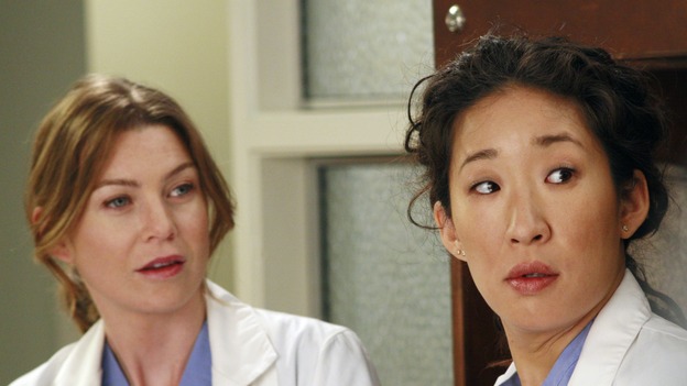 GREY'S ANATOMY - "Haunt You Every Day" - It's Halloween, and the day is full of surprises for the doctors of Seattle Grace - Alex receives an unexpected and welcome visit from his former patient, Ava/Rebecca, Meredith is convinced that her mother's ashes are haunting her, Cristina is snubbed by a surgeon she admires, and Callie announces George and Izzie's affair to their fellow doctors, on "Grey's Anatomy," THURSDAY, OCTOBER 25 (9:00-10:02 p.m., ET) on the ABC Television Network. (ABC/RON TOM)ELLEN POMPEO, SANDRA OH