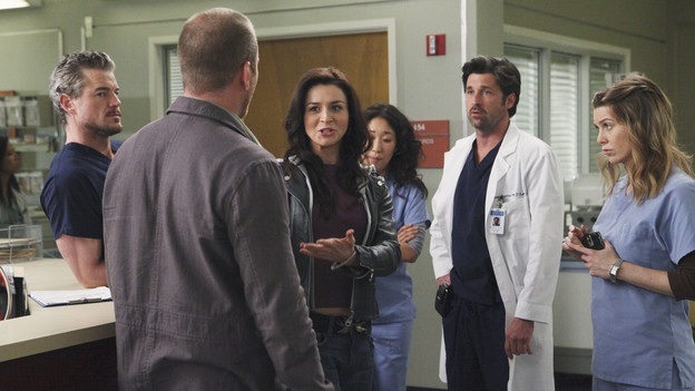 GREY'S ANATOMY - "Superfreak" - When Derek receives an unexpected and unwelcome visit from his estranged sister, Amelia, issues between the siblings -- both past and present -- come to the surface; the Chief tries to help Alex when he notices that he's refusing to use the elevators after his near-fatal shooting; and Meredith and Derek continue their efforts to ease Cristina back into surgery after her post-traumatic stress, on "Grey's Anatomy," THURSDAY, OCTOBER 7 (9:00-10:01 p.m., ET) on the ABC Television Network. (ABC/RICHARD CARTWRIGHT)ERIC DANE, SEAN CARRIGAN, CATERINA SCORSONE, SANDRA OH, PATRICK DEMPSEY, ELLEN POMPEO