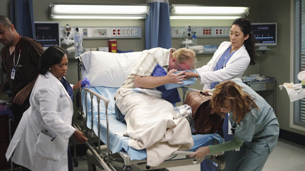 GREY'S ANATOMY - "Can't Fight Biology" - Things are hostile on all fronts when a visit to the obstetrician results in some disturbing news for Meredith and Derek, and Lexie loses it when she notices Meredith and April getting closer. Meanwhile a car crash brings in multiple traumas and Jackson tries using his physical attributes to get ahead in the operating room, while Cristina's self-doubt carries outside of the hospital and into her house hunting with Owen, on "Grey's Anatomy," THURSDAY, OCTOBER 14 (9:00-10:01 p.m., ET) on the ABC Television Network. (ABC/ADAM TAYLOR)CHANDRA WILSON, CHRISTIAN CLEMENSON, SANDRA OH