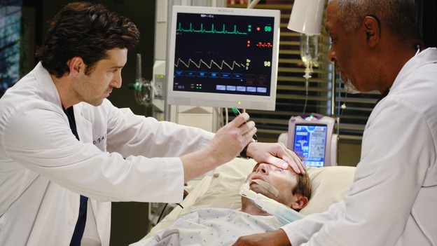 GREY'S ANATOMY - "Before and After" - Derek and the Chief examine Addison's brother, Archer, on "Grey's Anatomy," THURSDAY, FEBRUARY 12 (9:00-10:02 p.m., ET) on the ABC Television Network. (ABC/RON TOM) PATRICK DEMPSEY, GRANT SHOW, JAMES PICKENS JR.