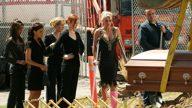 DESPERATE HOUSEWIVES - "They Asked Me Why I Believe in You" -- Susan's longtime book agent and dear friend, Lonny Moon (guest star Wallace Shawn), gets into financial trouble; Lynette is forced to go out to bars night after night with her man-hungry boss, Nina (guest star Joely Fisher); Bree re-buries Rex amid police suspicions, and Gaby hires hotshot lawyer David Bradley (guest star Adrian Pasdar) to defend Carlos, on Desperate Housewives," SUNDAY, OCTOBER 23 (9:00-10:01 p.m., ET) on the ABC Television Network. (ABC/RON TOM)TERI HATCHER, EVA LONGORIA, FELICITY HUFFMAN, MARCIA CROSS, NICOLLETTE SHERIDAN