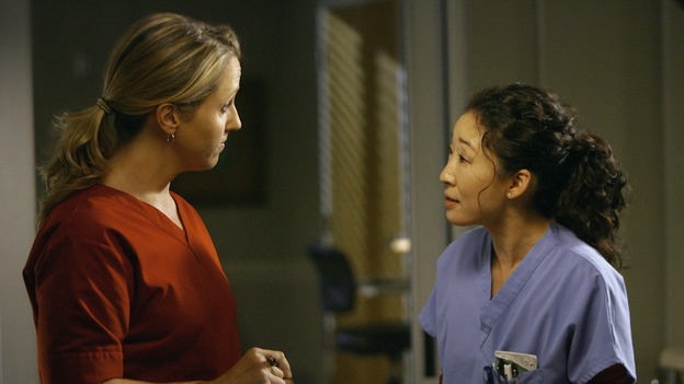 GREY'S ANATOMY - "Haunt You Every Day" - It's Halloween, and the day is full of surprises for the doctors of Seattle Grace - Alex receives an unexpected and welcome visit from his former patient, Ava/Rebecca, Meredith is convinced that her mother's ashes are haunting her, Cristina is snubbed by a surgeon she admires, and Callie announces George and Izzie's affair to their fellow doctors, on "Grey's Anatomy," THURSDAY, OCTOBER 25 (9:00-10:02 p.m., ET) on the ABC Television Network. (ABC/SCOTT GARFIELD)BROOKE SMITH, SANDRA OH