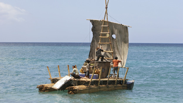 102844_406 -- LOST - "Exodus," Part 2" - The castaways on the raft are surprised at sea by something they didn't expect. Meanwhile, remaining islanders try to blow open the hatch, and a visitor to the encampment might be a threat to Claire's infant son, on the Season Finale of "Lost," WEDNESDAY, MAY 25 (8:00-10:00 p.m., ET), on the ABC Television Network.(ABC/MARIO PEREZ)DANIEL DAE KIM, MALCOLM DAVID KELLEY, JOSH HOLLOWAY, HAROLD PERRINEAU