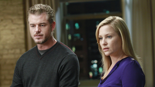 GREY'S ANATOMY - "Poker Face" - After being blackballed by most of the surgeons, Meredith uses Lexie to spark Derek's interest in her patient's rare brain tumor case and, in secret, gives guidance to April with Bailey's clinical trial; Callie's wish for Arizona and Mark to form a friendship comes to fruition and she realizes it's more irritating than helpful; Alex and Teddy research alternative surgeries for a very superficial patient; and Callie and Cristina struggle with a very difficult spinal surgery, on Grey's Anatomy," THURSDAY, OCTOBER 20 (9:00-10:02 p.m., ET) on the ABC Television Network. (ABC/RON TOM)ERIC DANE, JESSICA CAPSHAW