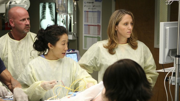 GREY'S ANATOMY - "Freedom" - On the two-hour season finale of "Grey's Anatomy," Meredith and Derek have one last shot at a successful outcome in their clinical trial, as the other surgeons work together to free a boy from a hardening block of cement. Meanwhile, Izzie helps Alex care for an ailing Rebecca, and Lexie discovers critical information about George's intern status, on "Grey's Anatomy," THURSDAY, MAY 22 (9:00-11:00 p.m., ET) on the ABC Television Network. (ABC/MICHAEL DESMOND)SANDRA OH, BROOKE SMITH, CHANDRA WILSON
