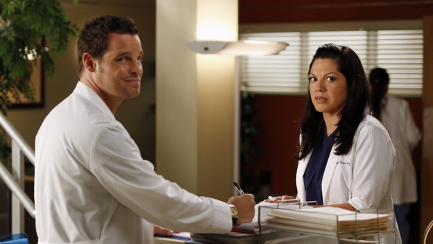 GREY'S ANATOMY - "I Was Made for Lovin' You" - Cristina and Owen continue to figure out their relationship amidst the pending lawsuit; and Bailey argues with Ben over plans for their upcoming nuptials. Meanwhile, Callie recruits Jackson to help find a solution to Derek's hand, but he is preoccupied by a shocking situation with April, on "Grey's Anatomy," THURSDAY, NOVEMBER 29 (9:00-10:02 p.m., ET) on the ABC Television Network. (ABC/KELSEY MCNEAL)JUSTIN CHAMBERS, SARA RAMIREZ