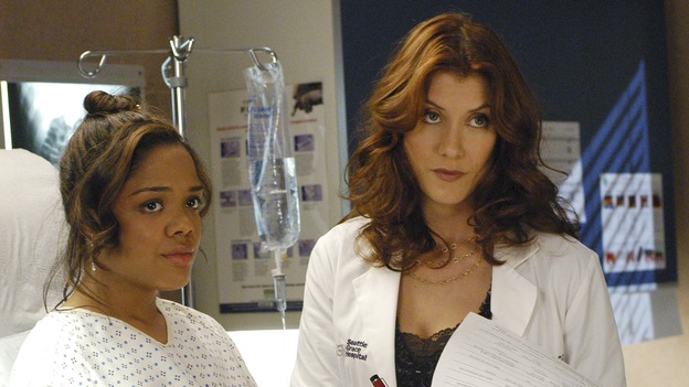 GREY'S ANATOMY - In the first hour of part two of the season finale of ABC's "Grey's Anatomy" -- "Deterioration of the Fight or Flight Response" -- Izzie and George attend to Denny as the pressure increases to find him a new heart, Cristina suddenly finds herself in charge of an ER, and Derek grapples with the realization that the life of a friend is in his hands. In the second hour, "Losing My Religion," Richard goes into interrogation mode about a patient's condition, Callie confronts George about his feelings for her, and Meredith and Derek meet about Doc. Part two of the season finale of "Grey's Anatomy" airs MONDAY, MAY 15 (9:00-11:00 p.m., ET) on the ABC Television Network. (ABC/GALE ADLER)TESSA THOMPSON, KATE WALSH