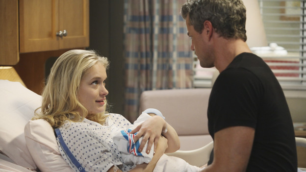 GREY'S ANATOMY - "Hook, Line and Sinner" - Sloan returns to Mark's apartment, just as she's going into labor, and Teddy, Mark and the still-fighting Callie and Arizona are there to help with the birth and to get Mark through his grandson's pending adoption. Meanwhile Teddy sees Derek's invitation to illustrious cardiothoracic surgeon Tom Evans' as a threat to her future employment at the hospital, and the team work on a crab boat captain who has been stabbed with a giant shark hook, on "Grey's Anatomy," THURSDAY, APRIL 29 (9:00-10:01 p.m., ET) on the ABC Television Network. (ABC/DANNY FELD) LEVEN RAMBIN, ERIC DANE