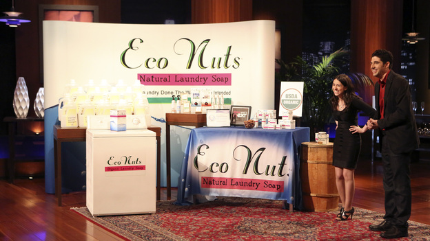 SHARK TANK - "Episode 406" - With help from two-time Super Bowl champion and San Francisco 49er running back Brandon Jacobs, a woman from Morganville, NJ hopes to propel her protein-infused energy drink to the next level. Two cousins from Portland, ME ask the Sharks to bite into their signature lobster-roll food truck business; an engaged couple from Marina del Rey, CA hope the Sharks won't think the secret ingredient in their eco-friendly cleaning products is too nutty; and a colorful character from Wilmington, NC has a business idea to put an end to the moist handshake with his colorful drink insulators. In a follow up segment, Dallas Robinson & Mike Buonomo from Riverton, UT give an update on their mix-and-match lip balm, Kisstixx, which Mark Cuban invested in during Season 3, on "Shark Tank," FRIDAY, OCTOBER 19 (8:00-9:01 p.m., ET) on the ABC Television Network. (ABC/ADAM TAYLOR)MONA WEISS, SCOTT SHIELDS (ECONUTS)