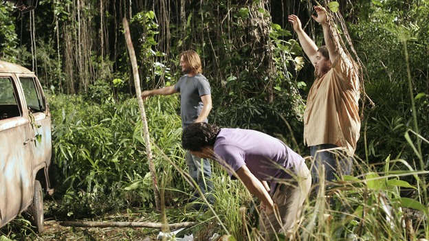 LOST - "Tricia Tanaka Is Dead" - Hurley's discovery of an old, wrecked car on the island leads him on a mission of hope not only for himself, but for a fellow survivor in need of some faith. Meanwhile, Kate and Sawyer reunite with their fellow castaways, but Kate is still torn about leaving Jack behind with "The Others," on "Lost," WEDNESDAY, FEBRUARY 28 (10:00-10:00 p.m., ET), on the ABC Television Network. (ABC/MARIO PEREZ)JOSH HOLLOWAY, DANIEL DAE KIM, JORGE GARCIA