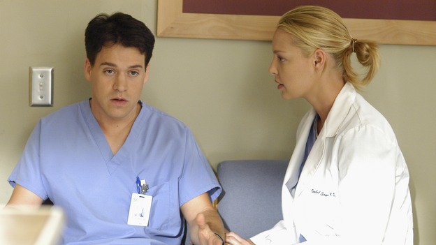 GREY'S ANATOMY - "Let the Truth Sting" - The new interns are dazzled by the skill level of fellow intern George, while Lexie helps keep his "repeater" status a secret; Meredith half-heartedly helps Lexie with her first emergency patient; Sloan and Richard attempt a radical, new surgery to save a woman's ability to speak; and George is compelled to tell Callie of his past indiscretion with Izzie, on "Grey's Anatomy," THURSDAY, OCTOBER 11 (9:00-10:01 p.m., ET) on the ABC Television Network.  (ABC/GALE ADLER)T.R. KNIGHT, KATHERINE HEIGL