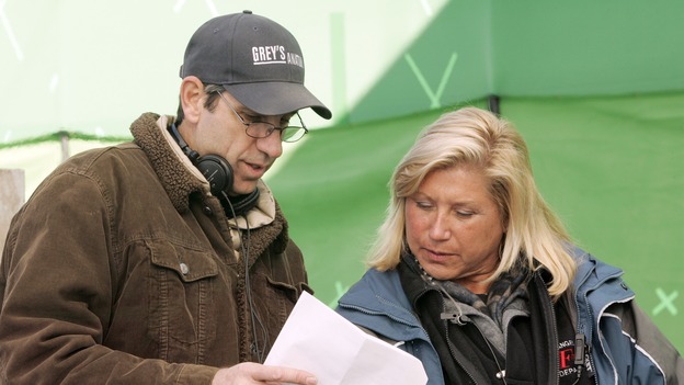 GREY'S ANATOMY - "Walk on Water" - Director/producer Rob Corn and producer/technical advisor Linda Klein (right) review notes while shooting "Grey's Anatomy" on location at the Santa Anita Park in Arcadia, California. (ABC/VIVIAN ZINK)