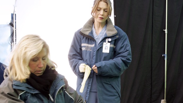 GREY'S ANATOMY - "Walk on Water" - Producer/technical advisor Linda Klein (left) coaches Ellen Pompeo (center) while shooting "Grey's Anatomy" on location at the Santa Anita Park in Arcadia, California. (ABC/VIVIAN ZINK)