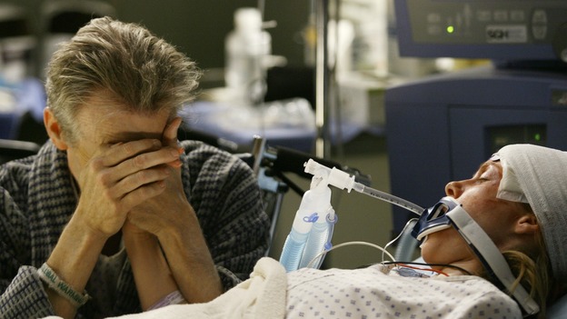 GREY'S ANATOMY - "Haunt You Every Day" - It's Halloween, and the day is full of surprises for the doctors of Seattle Grace - Alex receives an unexpected and welcome visit from his former patient, Ava/Rebecca, Meredith is convinced that her mother's ashes are haunting her, Cristina is snubbed by a surgeon she admires, and Callie announces George and Izzie's affair to their fellow doctors, on "Grey's Anatomy," THURSDAY, OCTOBER 25 (9:00-10:02 p.m., ET) on the ABC Television Network. (ABC/SCOTT GARFIELD)DAVID CLENNON, BHAMA ROGET