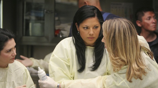 GREY'S ANATOMY - "Freedom" - On the two-hour season finale of "Grey's Anatomy," Meredith and Derek have one last shot at a successful outcome in their clinical trial, as the other surgeons work together to free a boy from a hardening block of cement. Meanwhile, Izzie helps Alex care for an ailing Rebecca, and Lexie discovers critical information about George's intern status, on "Grey's Anatomy," THURSDAY, MAY 22 (9:00-11:00 p.m., ET) on the ABC Television Network. (ABC/MICHAEL DESMOND)SARA RAMIREZ, BROOKE SMITH