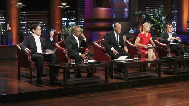 SHARK TANK - "Episode 313" - The inventor of Rollerblades hopes to get investment money to put toward his newest invention, an elevated mono-rail bike system. An amazing story from a Rochester, NY businesswoman who hopes her dream comes true and strikes a deal for her innovative shoe accessories that can turn any shoe into a boot. A man from Buena Park, CA must convince the Sharks that there is a market for a custom made air mattress that fits in the back of a pickup truck; and a fashion designer from Dallas, TX has over a billion reasons the Sharks should see the value in his customized cruiser bikes that can be designed on an interactive website. There is a follow-up on Ladera Ranch, California's Shelly Ehler and her ShowNo, a unique towel design that provides coverage when changing out of a swimsuit in public places, which Lori Greiner invested in during Season 3, on "Shark Tank," FRIDAY, MAY 4 (8:00-9:01 p.m., ET) on the ABC Television Network. (ABC/MICHAEL ANSELL)MARK CUBAN, DAYMOND JOHN, KEVIN O'LEARY, BARBARA CORCORAN, ROBERT HERJAVEC