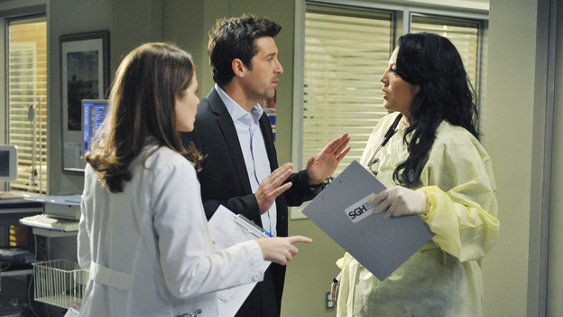 GREY'S ANATOMY - "Valentine's Day Massacre" -- It's Valentine's Day, and the doctors must treat dozens of injured people after the roof collapses at a popular romantic restaurant; Derek tries to manage his busy schedule as Chief of Surgery; Meredith wrestles with her new duties as the Chief's wife; and Mark and Callie team up to convince Sloan to do the right thing for her baby, on "Grey's Anatomy," THURSDAY, FEBRUARY 11 (9:00-10:01 p.m., ET) on the ABC Television Network. (ABC/ERIC MCCANDLESS)SARAH DREW, PATRICK DEMPSEY, SARA RAMIREZ