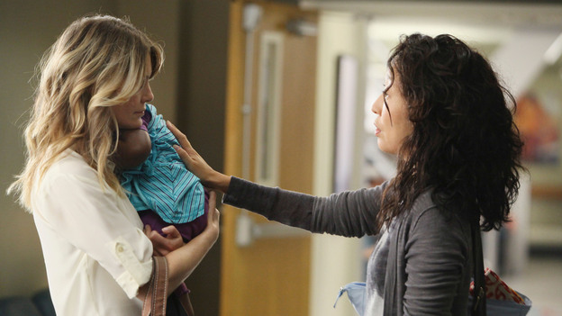 GREY'S ANATOMY - "Free Falling" - In the first hour, "Free Falling" (9:00-10:00 p.m.), the fifth-year residents return for the first day of a year that will make or break their careers: Meredith faces the consequences of tampering with Derek's clinical trial and is terminated at the hospital; April tries to step up to the plate as Chief Resident in the wake of a giant sinkhole in the middle of Seattle; and Cristina and Owen are still at odds over their drastically different feelings for their unborn child. "Grey's Anatomy" returns for its eighth season with a two-hour event THURSDAY, SEPTEMBER 22 (9:00-11:00 p.m., ET) on the ABC Television Network. (ABC/DANNY FELD)ELLEN POMPEO, SANDRA OH