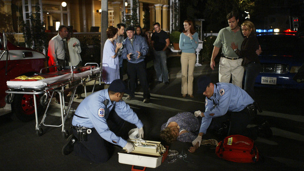 DESPERATE HOUSEWIVES - "Anything You Can Do" -- Susan is miffed when Mike's unexpected -- and very sexy -- houseguest (guest star Heather Stephens as Kendra) forces him to postpone their first official "date"; Lynette becomes steadily more dependent on the twins' ADD medication; Gabrielle becomes jealous of the "other" woman in John's life; Bree's kids mutiny when they learn their dad has moved out; and the enigmatic Mr. Shaw (guest star Richard Roundtree) comes closer to solving one of Wisteria Lane's big mysteries, on "Desperate Housewives," SUNDAY, NOVEMBER 21 (9:00-10:01 p.m., ET) on the ABC Television Network. (ABC/DANNY FELD)  CHRISTINE ESTABROOK, GENE WOLANDE, MARCIA CROSS, LUPE ONTIVEROS, EXTRAS