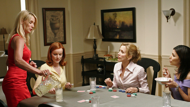DESPERATE HOUSEWIVES - "Goodbye for Now" - Susan makes a decision about Mike Delfino. Meanwhile Lynette takes steps to make sure Annabel (guest star Melinda McGraw) doesn't come between her and Tom, Bree comes to a realization about "buddy" George the pharmacist (guest star Roger Bart), and Carlos' legal problems take a turn for the worse, on "Desperate Housewives," SUNDAY, MAY 15 (9:00-10:02 p.m., ET) on the ABC Television Network. (ABC/RON TOM) NICOLLETTE SHERIDAN, MARCIA CROSS, FELICITY HUFFMAN, EVA LONGORIA