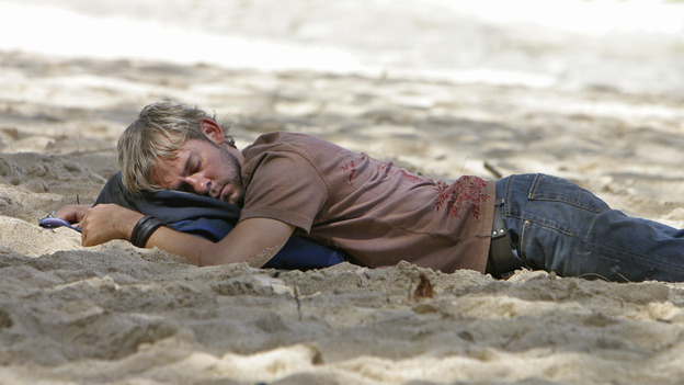 102842_9093 -- LOST - "Exodus," Part 2" - The castaways on the raft are surprised at sea by something they didn't expect. Meanwhile, remaining islanders try to blow open the hatch, and a visitor to the encampment might be a threat to Claire's infant son, on the Season Finale of "Lost," WEDNESDAY, MAY 25 (8:00-10:00 p.m., ET), on the ABC Television Network. (ABC/MARIO PEREZ)DOMINIC MONAGHAN