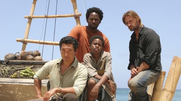 102844_355 -- LOST - "Exodus," Part 2" - The castaways on the raft are surprised at sea by something they didn't expect. Meanwhile, remaining islanders try to blow open the hatch, and a visitor to the encampment might be a threat to Claire's infant son, on the Season Finale of "Lost," WEDNESDAY, MAY 25 (8:00-10:00 p.m., ET), on the ABC Television Network.(ABC/MARIO PEREZ)DANIEL DAE KIM, HAROLD PERRINEAU, MALCOLM DAVID KELLEY, JOSH HOLLOWAY