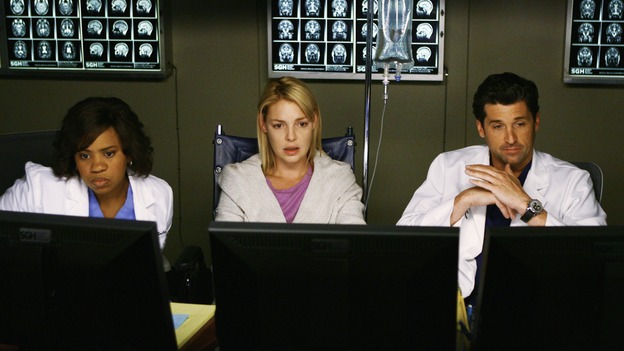 GREY'S ANATOMY - "What a Difference a Day Makes" - Bailey, Izzie and Derek look at some of Izzie's test results, on "Grey's Anatomy," THURSDAY, MAY 7 (9:00-10:02 p.m., ET) on the ABC Television Network. (ABC/SCOTT GARFIELD) CHANDRA WILSON, KATHERINE HEIGL, PATRICK DEMPSEY