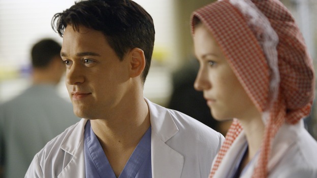 GREY'S ANATOMY - "Haunt You Every Day" - It's Halloween, and the day is full of surprises for the doctors of Seattle Grace - Alex receives an unexpected and welcome visit from his former patient, Ava/Rebecca, Meredith is convinced that her mother's ashes are haunting her, Cristina is snubbed by a surgeon she admires, and Callie announces George and Izzie's affair to their fellow doctors, on "Grey's Anatomy," THURSDAY, OCTOBER 25 (9:00-10:02 p.m., ET) on the ABC Television Network. (ABC/SCOTT GARFIELD)T.R. KNIGHT, CHYLER LEIGH