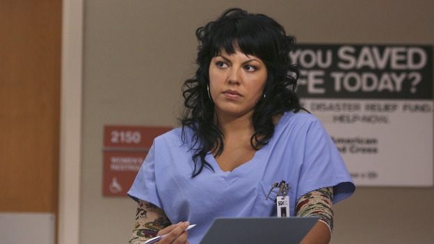 GREY'S ANATOMY - In the first hour of part two of the season finale of ABC's "Grey's Anatomy" -- "Deterioration of the Fight or Flight Response" -- Izzie and George attend to Denny as the pressure increases to find him a new heart, Cristina suddenly finds herself in charge of an ER, and Derek grapples with the realization that the life of a friend is in his hands. In the second hour, "Losing My Religion," Richard goes into interrogation mode about a patient's condition, Callie confronts George about his feelings for her, and Meredith and Derek meet about Doc. Part two of the season finale of "Grey's Anatomy" airs MONDAY, MAY 15 (9:00-11:00 p.m., ET) on the ABC Television Network. (ABC/SCOTT GARFIELD)SARA RAMIREZ